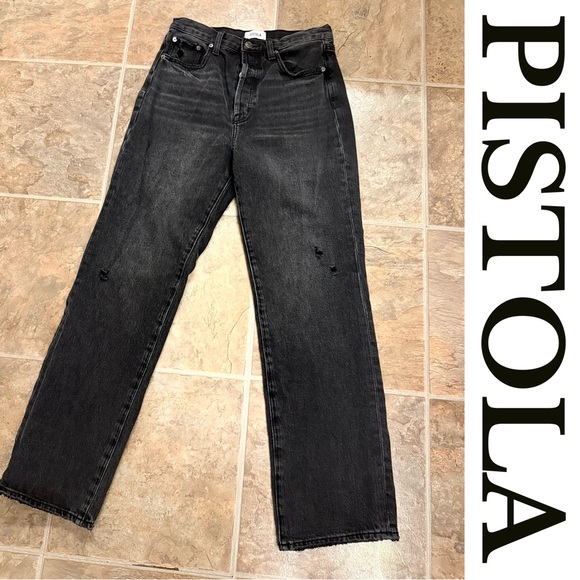 pistola Denim - PISTOLA Button Fly Straight Leg Jeans Black Washed Distressed Raw Hem Sz 27